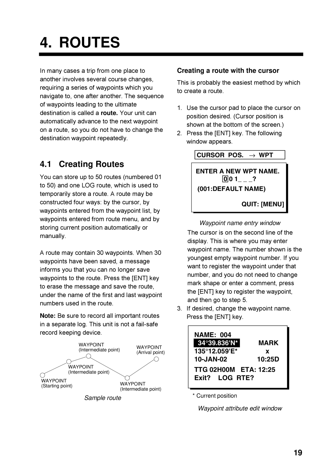 Furuno GP32 manual Creating Routes, Creating a route with the cursor, Sample route 