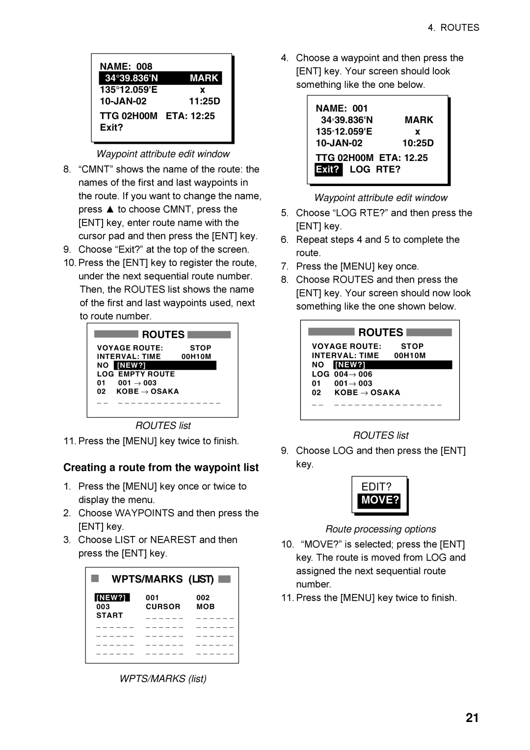 Furuno GP32 manual Creating a route from the waypoint list, Routes, WPTS/MARKS List 