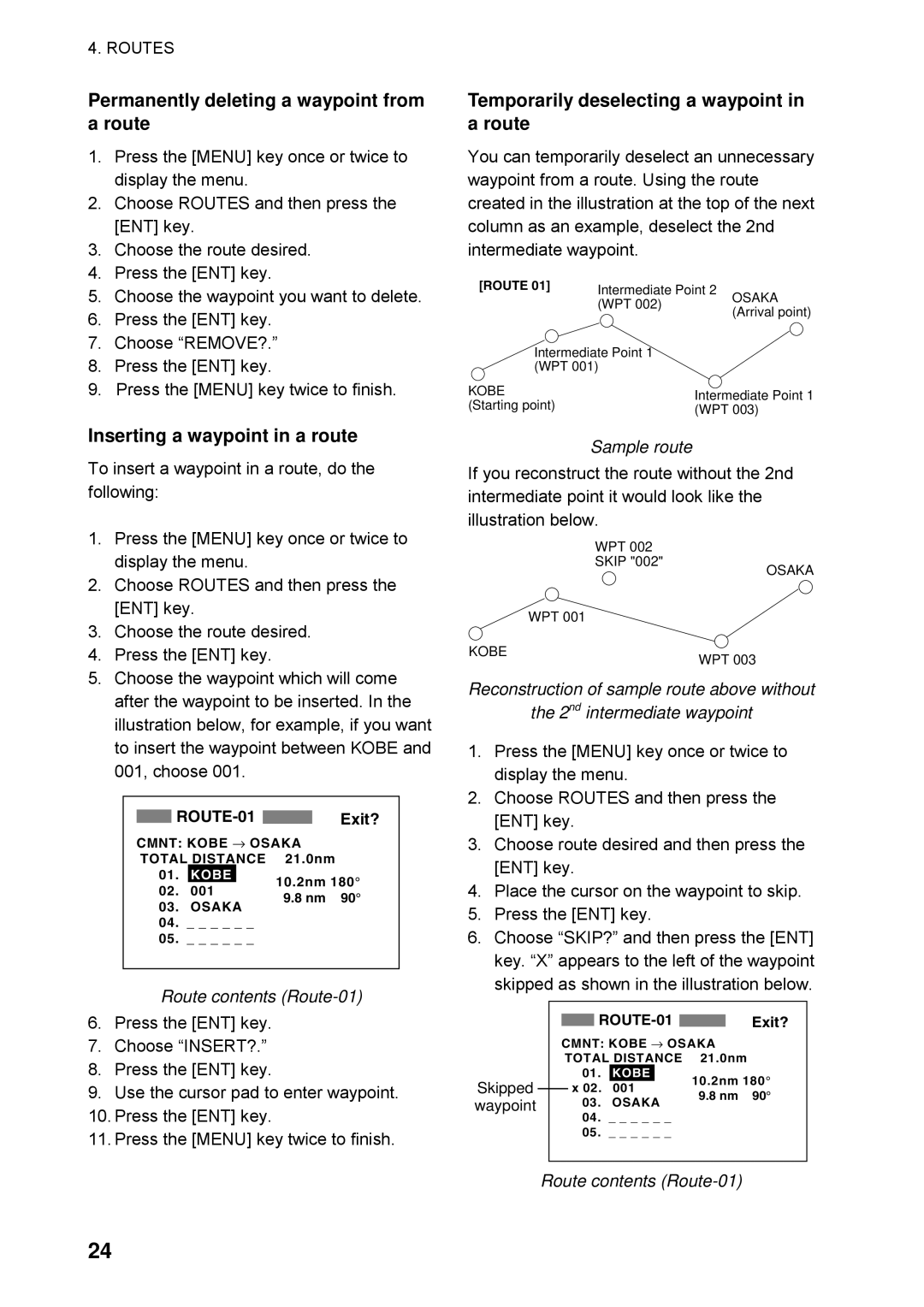 Furuno GP32 manual Permanently deleting a waypoint from a route, Inserting a waypoint in a route, Route contents Route-01 