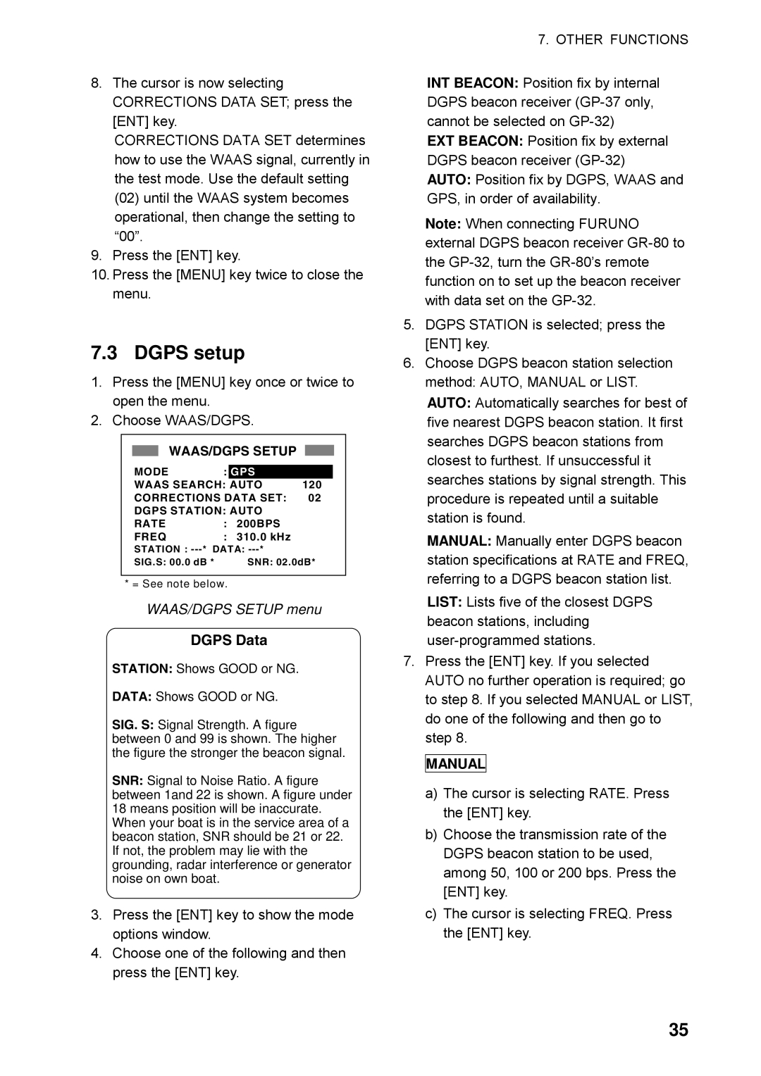 Furuno GP32 manual Dgps setup, Gps 