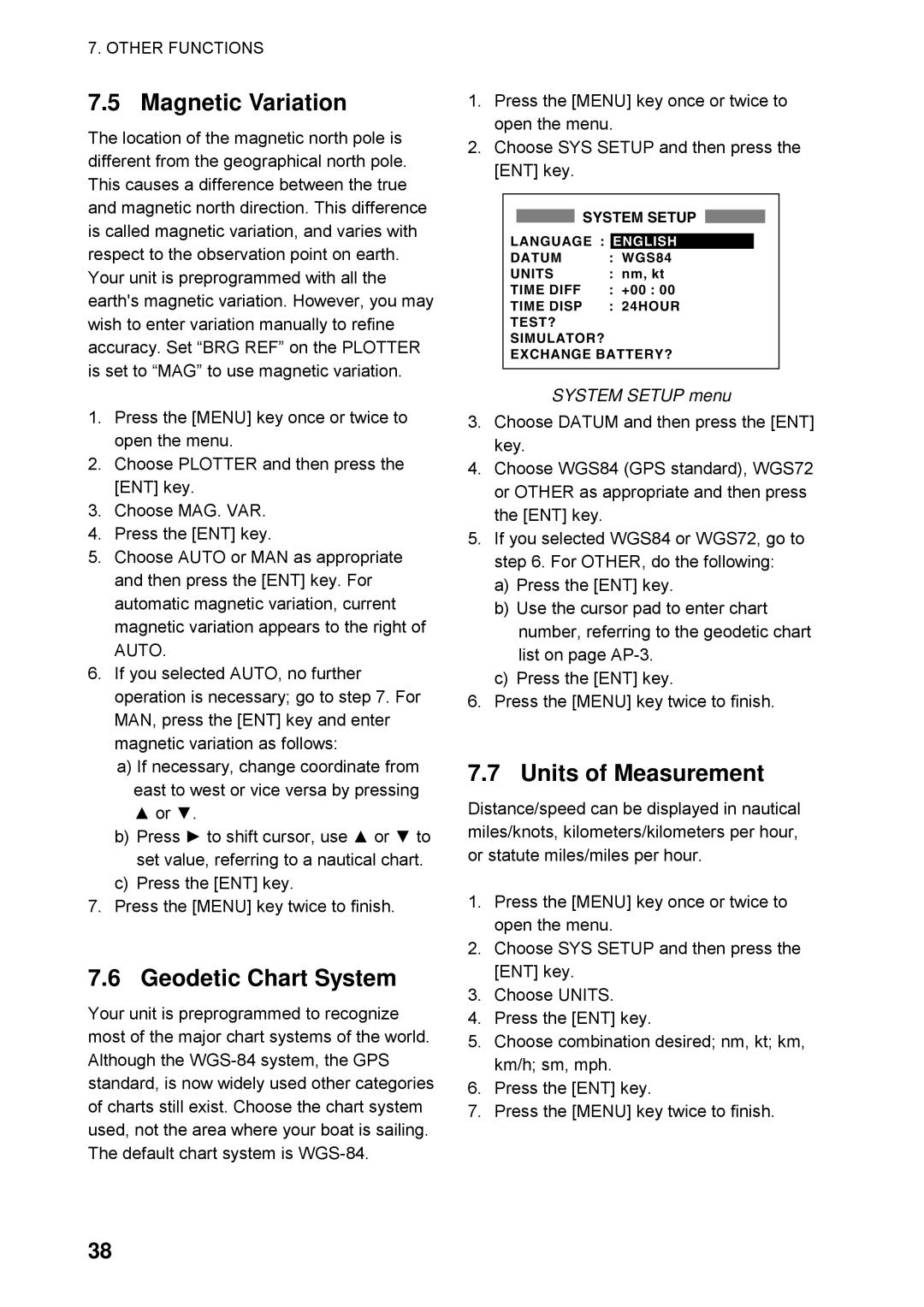 Furuno GP32 manual Magnetic Variation, Geodetic Chart System, Units of Measurement 