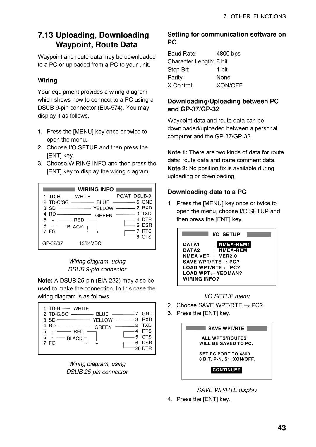 Furuno GP32 manual Uploading, Downloading Waypoint, Route Data, Wiring, Setting for communication software on 