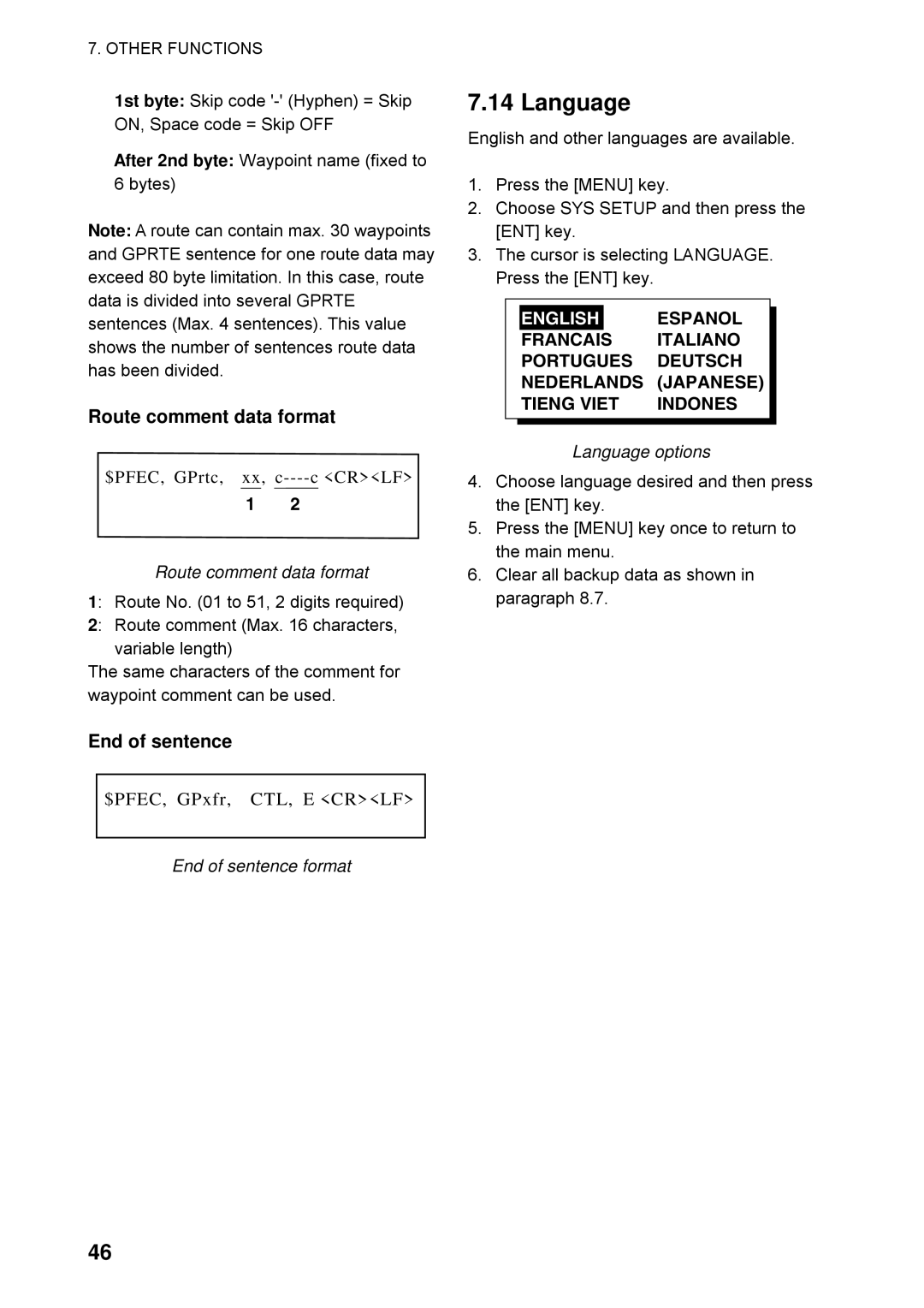 Furuno GP32 manual Language, Route comment data format, End of sentence, Espanol 