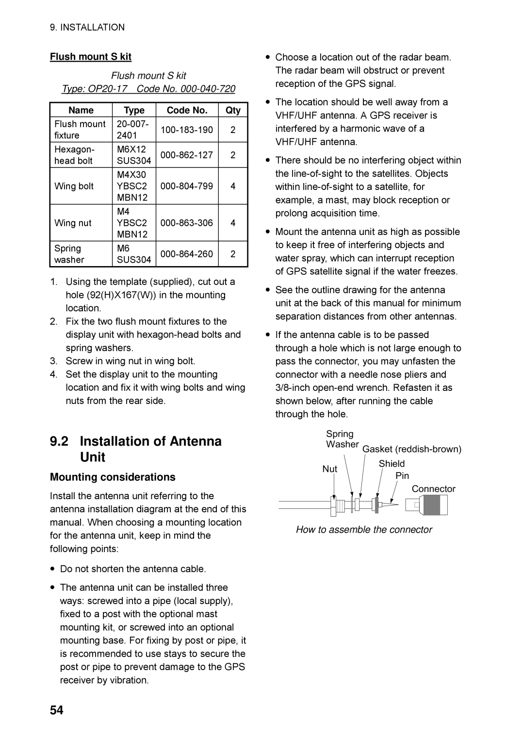 Furuno GP32 manual Installation of Antenna Unit, Flush mount S kit Type OP20-17 Code No, How to assemble the connector 