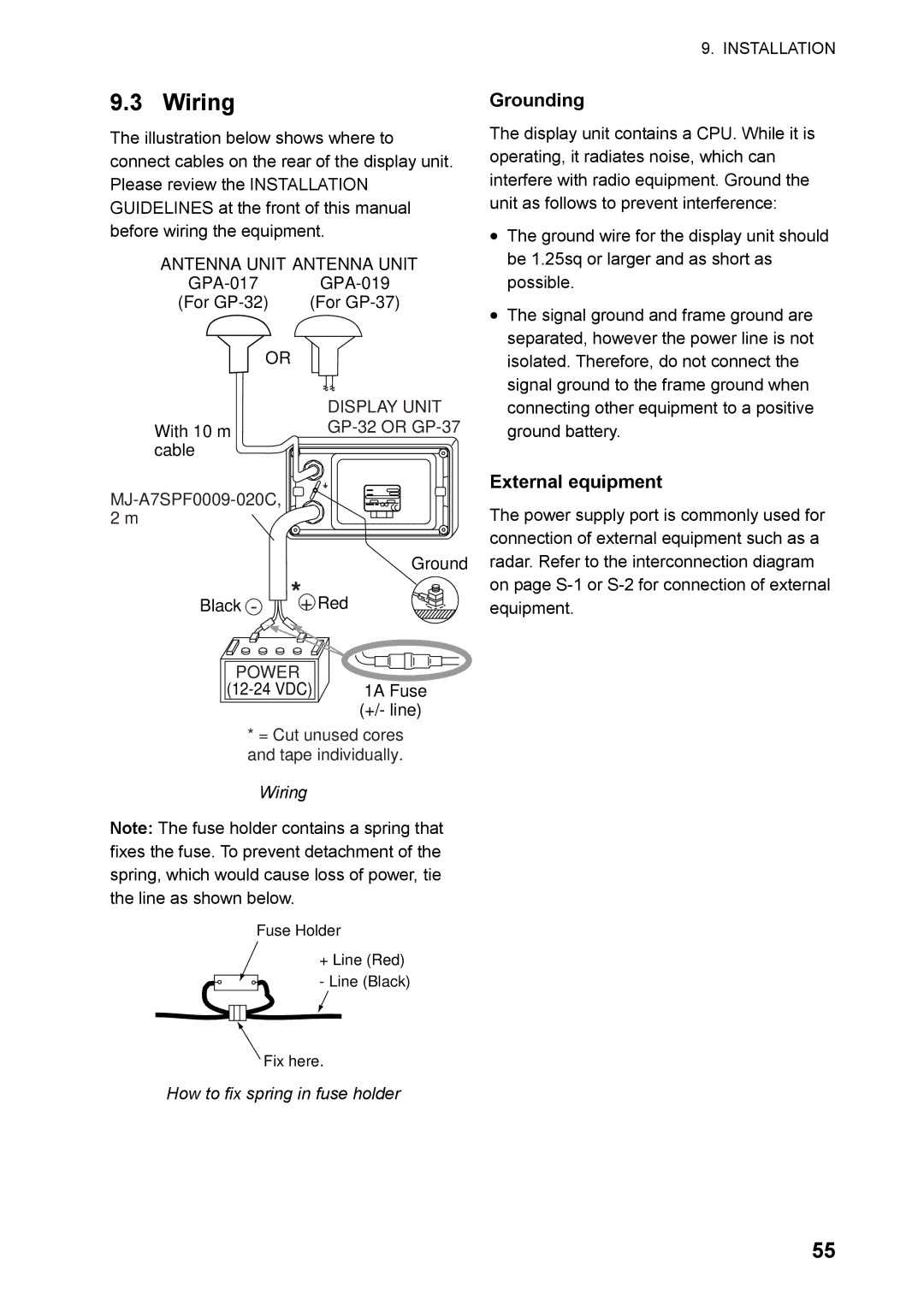 Furuno GP32 manual Wiring, Grounding, External equipment, How to fix spring in fuse holder 