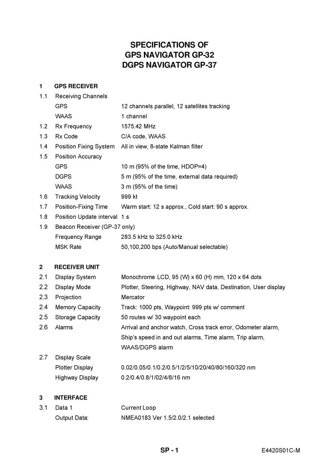 Furuno GP32 manual Specifications GPS Navigator GP-32 Dgps Navigator GP-37 