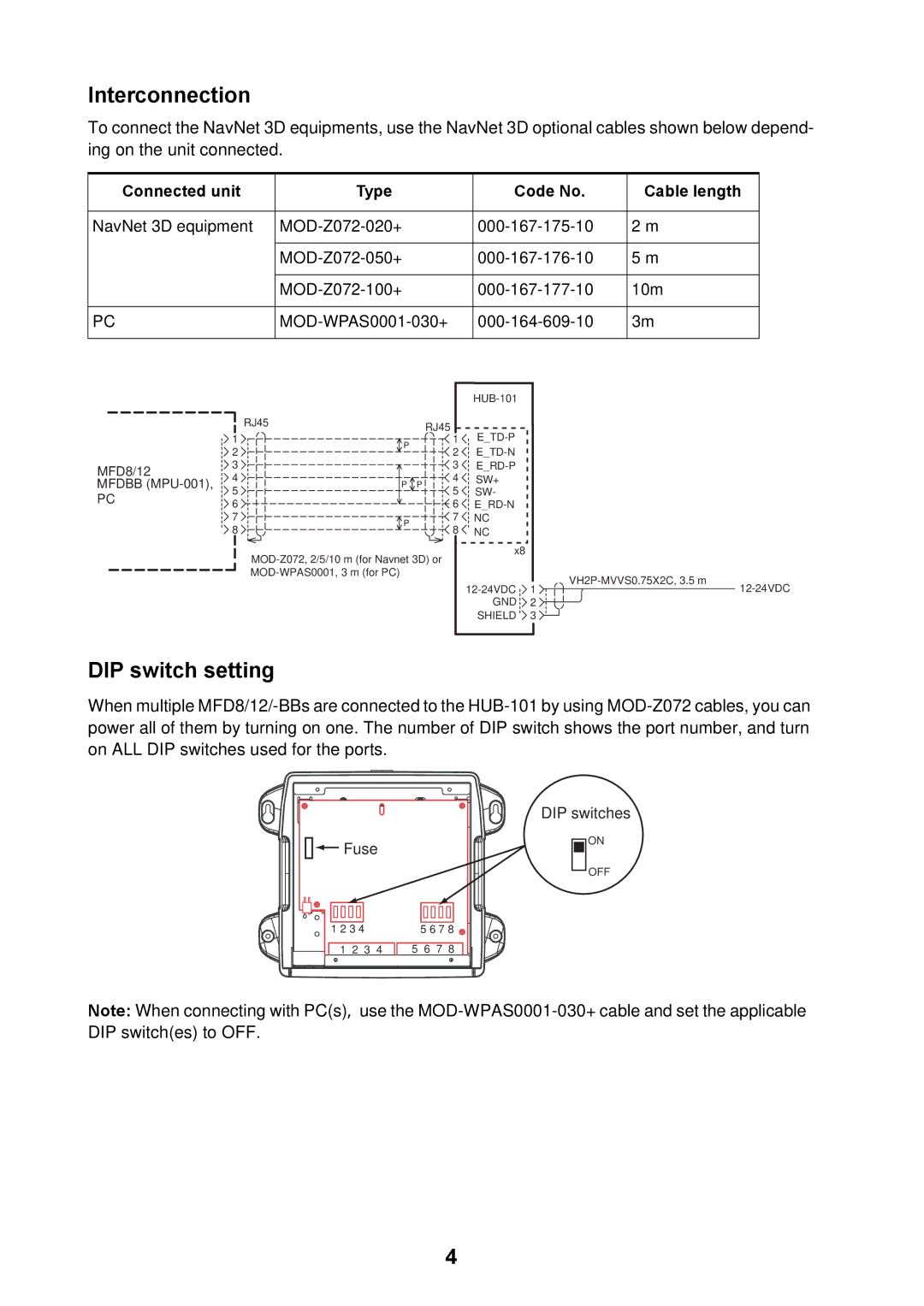 Furuno Hub-101 manual Interconnection, DIP switch setting 