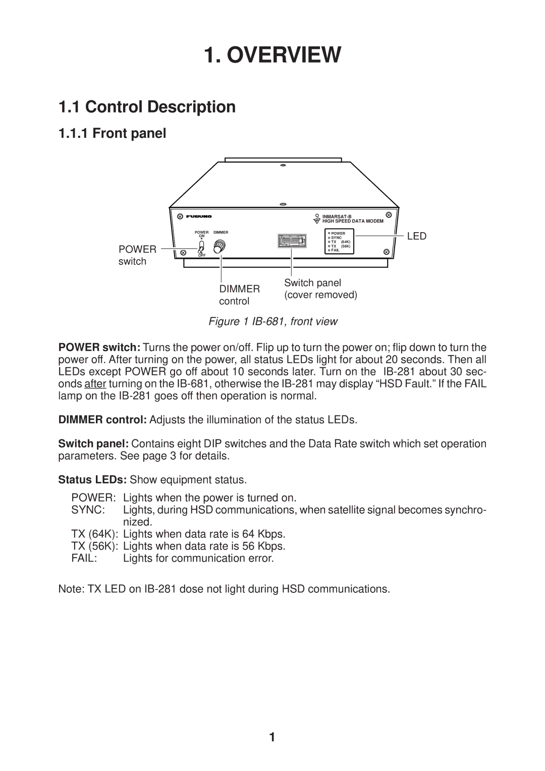 Furuno IB-681 manual Overview, Control Description, Front panel 