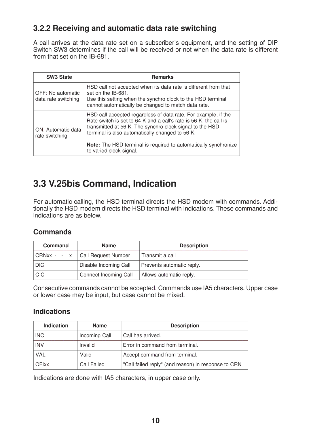 Furuno IB-681 manual V.25bis Command, Indication, Receiving and automatic data rate switching, SW3 State Remarks 