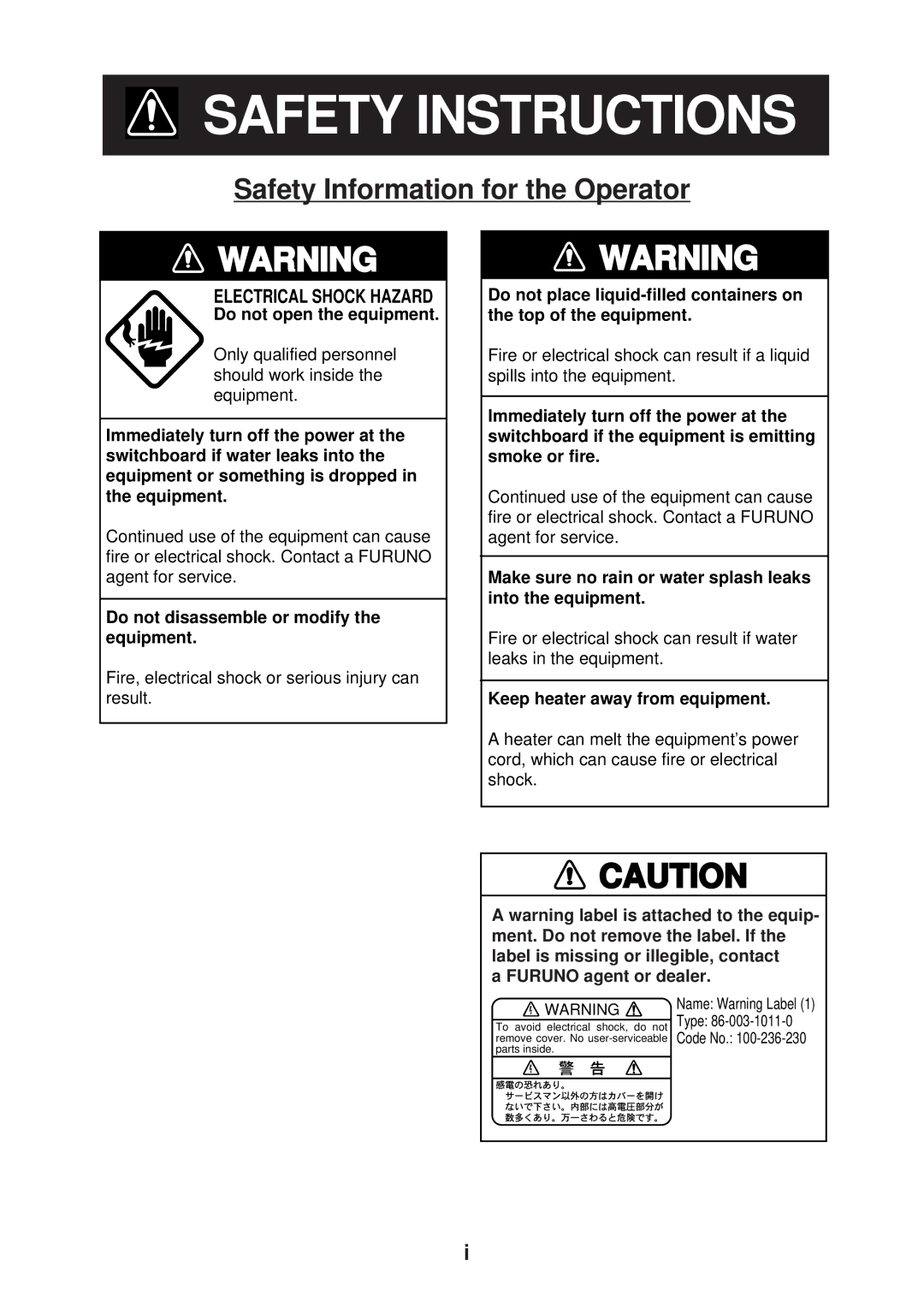 Furuno IB-681 manual Safety Instructions, Safety Information for the Operator 