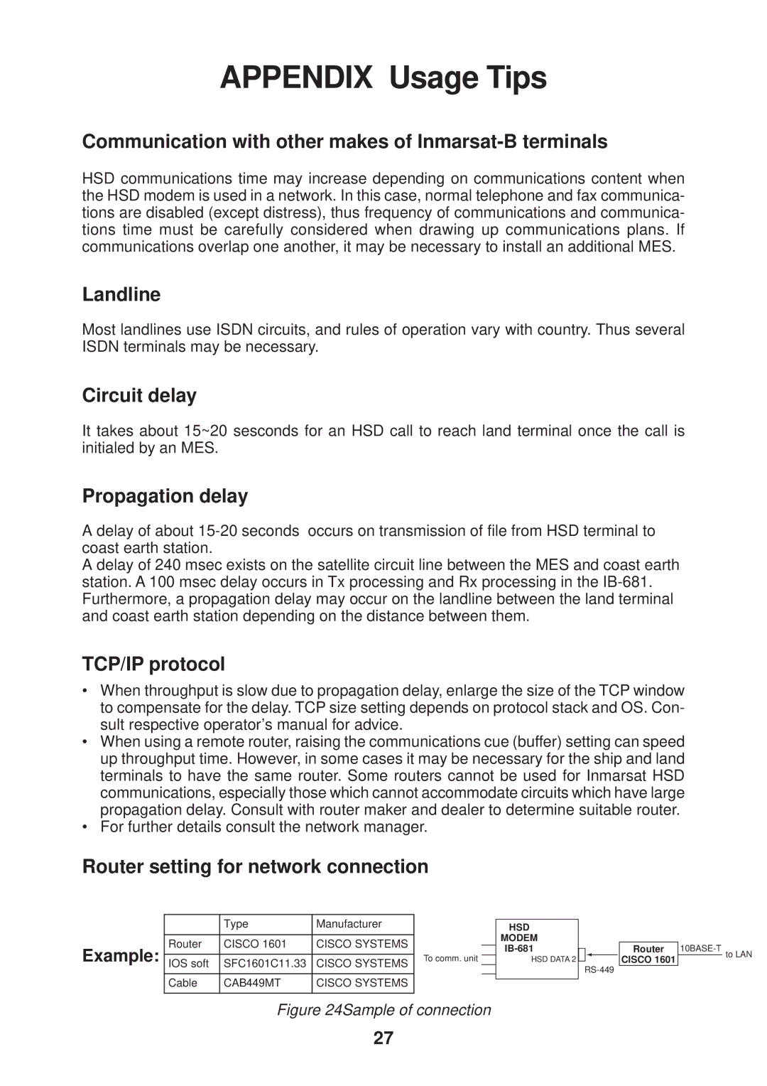 Furuno IB-681 manual Communication with other makes of Inmarsat-B terminals, Landline, Circuit delay, Propagation delay 