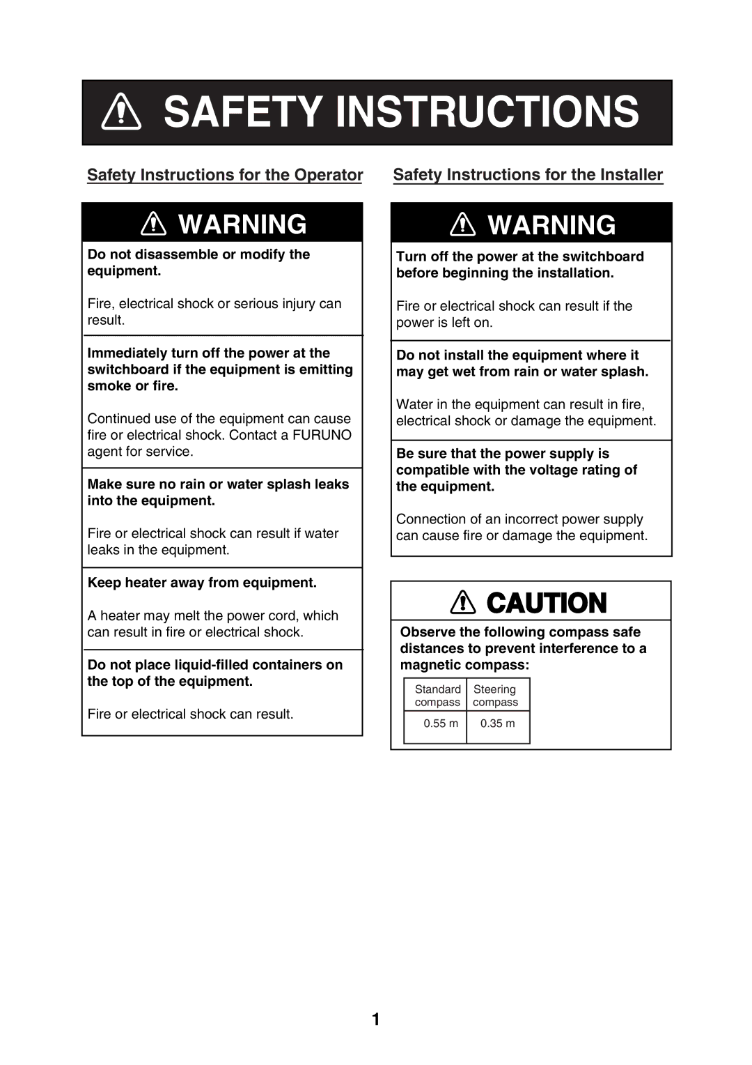 Furuno IF-1500AIS manual Safety Instructions 