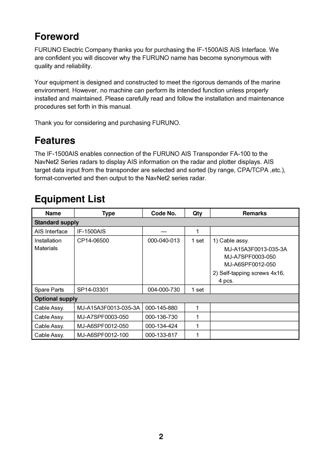 Furuno IF-1500AIS manual Foreword, Features, Equipment List 