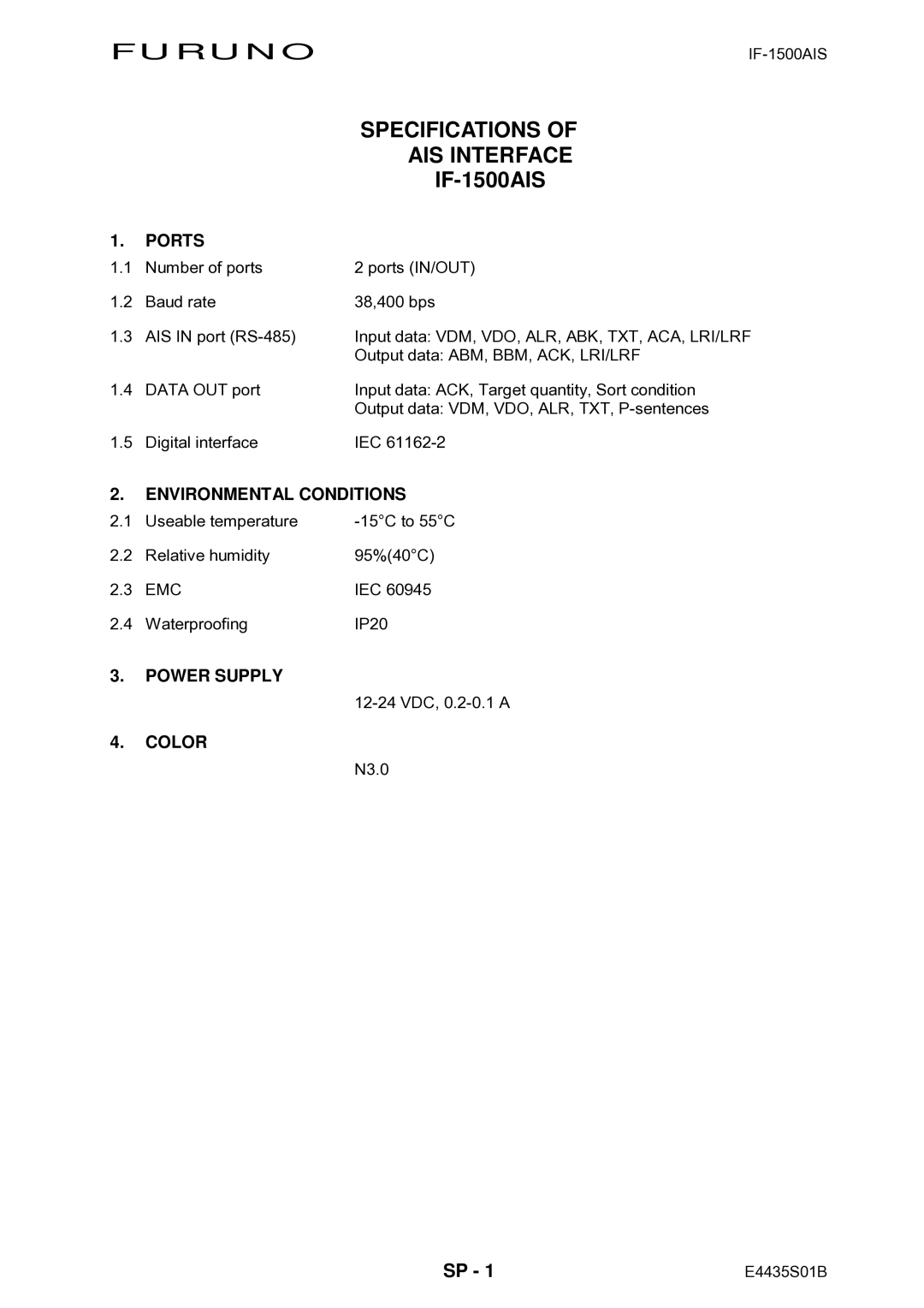 Furuno IF-1500AIS manual Furuno Specifications AIS Interface 