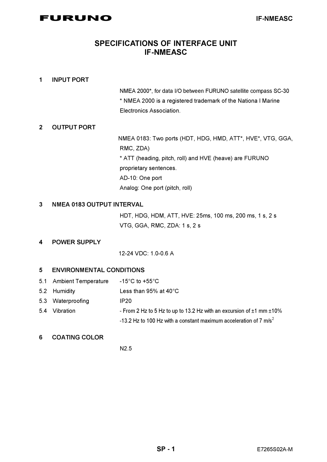 Furuno manual Furuno Specifications of Interface Unit IF-NMEASC 