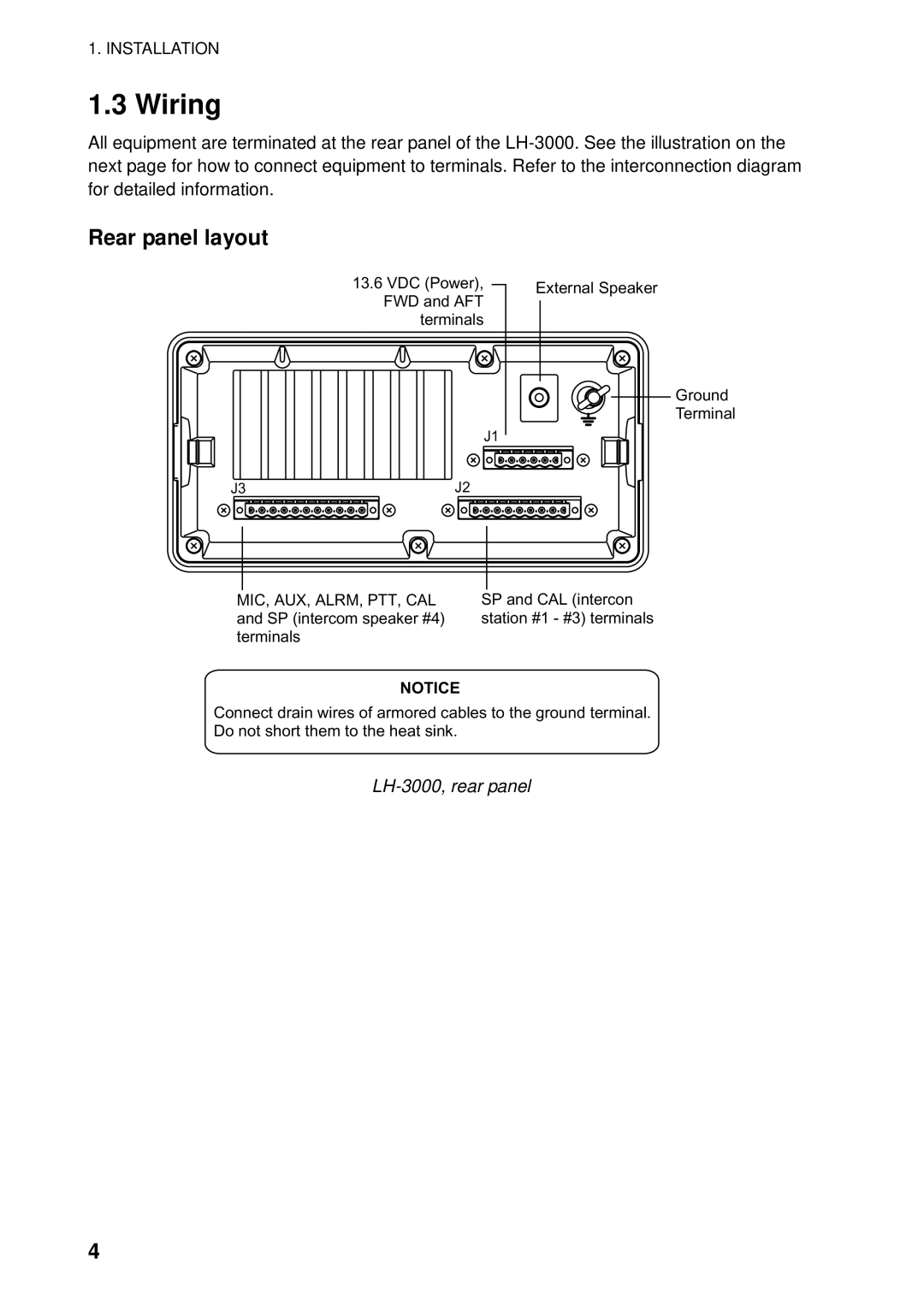 Furuno manual Wiring, Rear panel layout, LH-3000, rear panel 