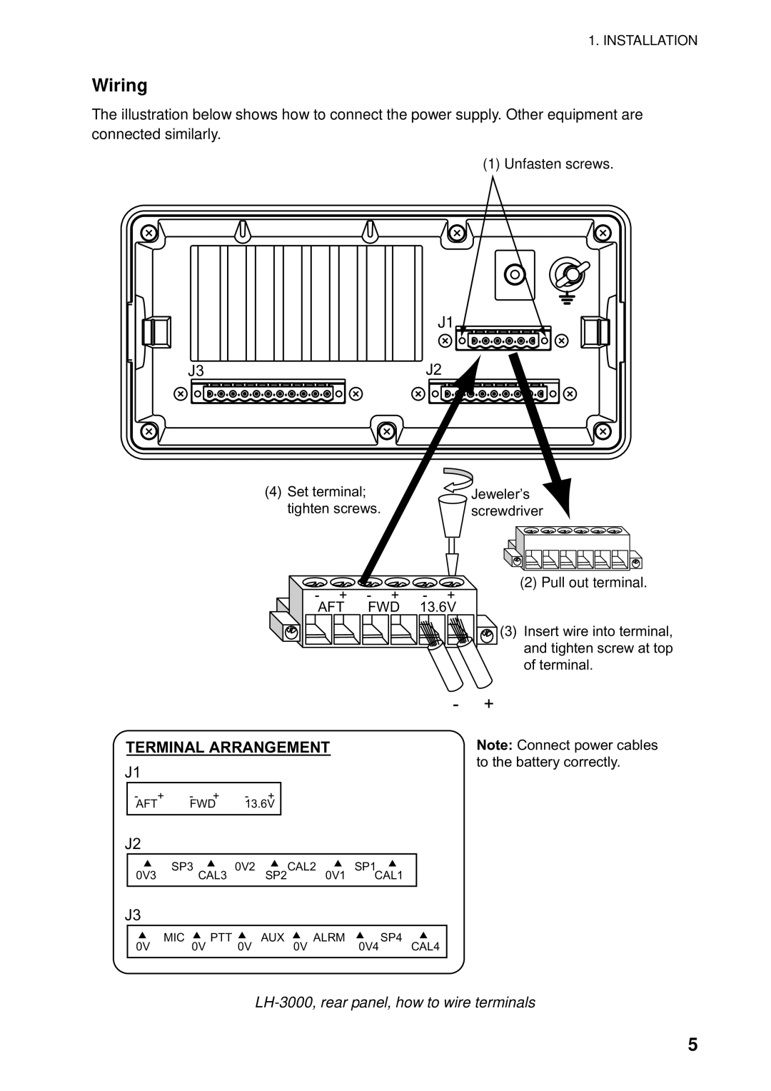 Furuno manual Wiring, LH-3000, rear panel, how to wire terminals 