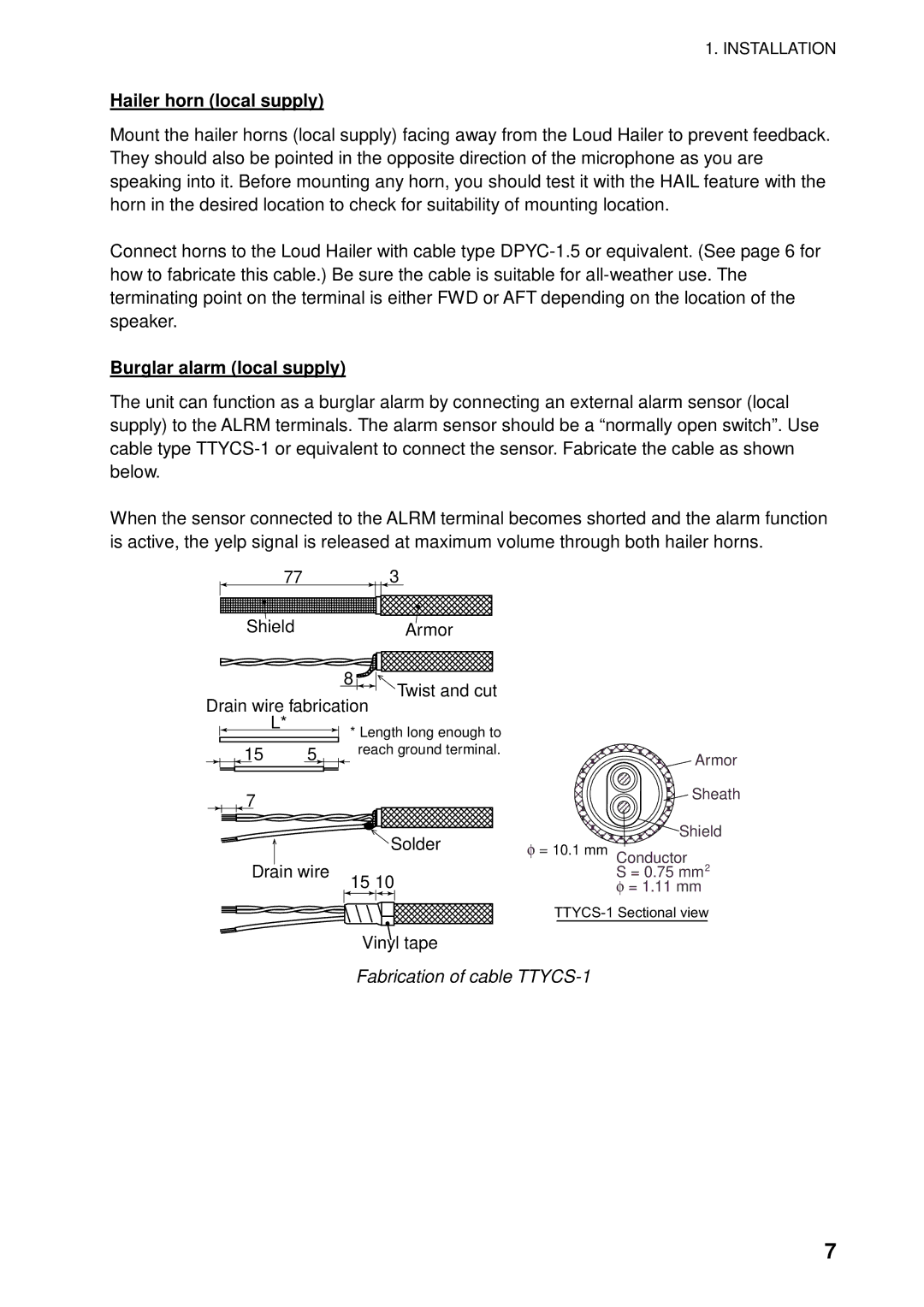 Furuno LH-3000 manual Hailer horn local supply, Burglar alarm local supply, Fabrication of cable TTYCS-1 
