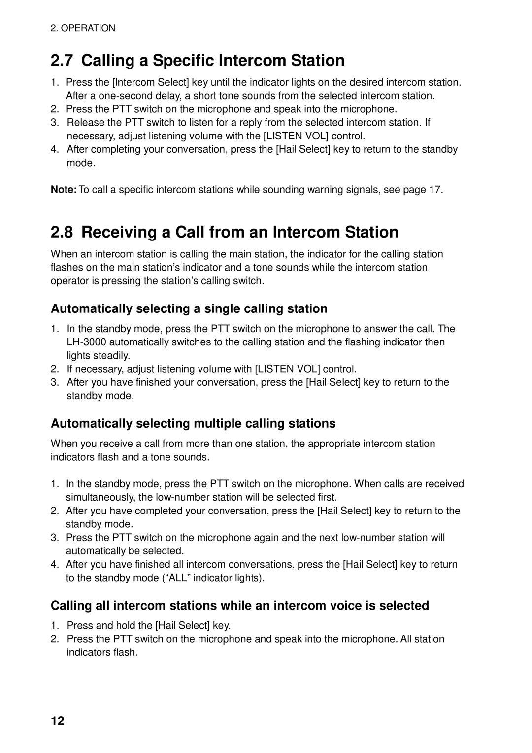 Furuno LH-3000 manual Calling a Specific Intercom Station, Receiving a Call from an Intercom Station 