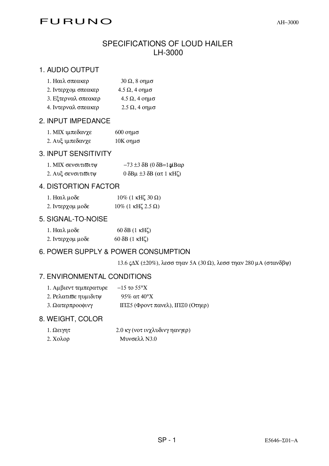 Furuno LH-3000 manual Furuno Specifications of Loud Hailer 