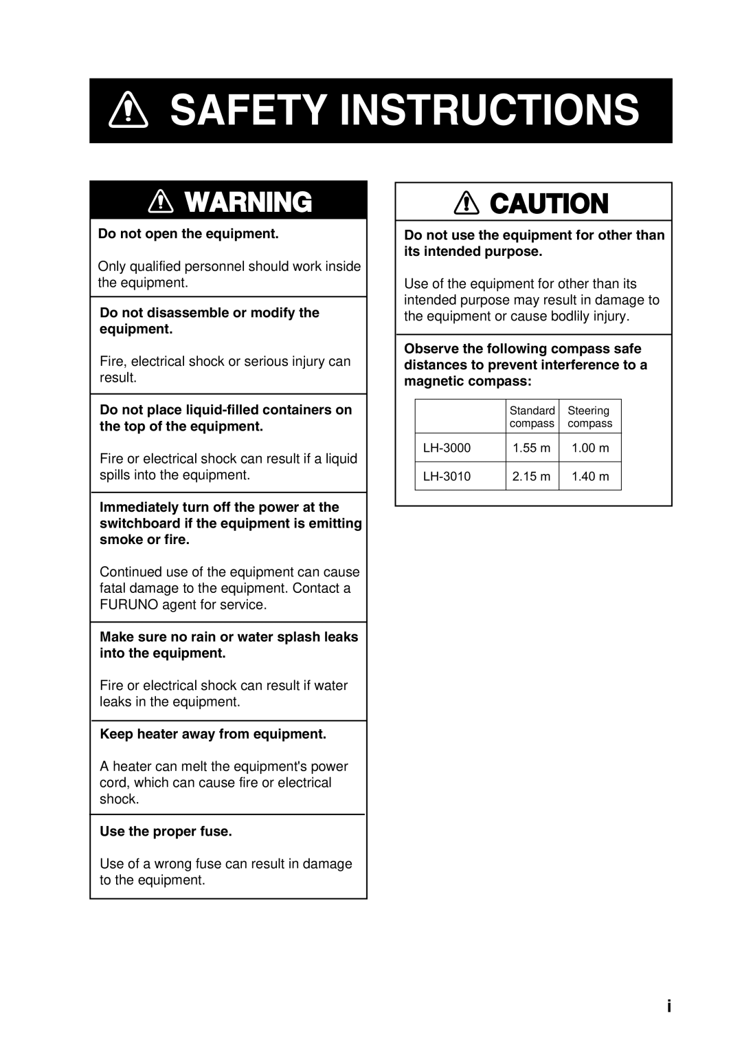 Furuno LH-3000 manual Safety Instructions 