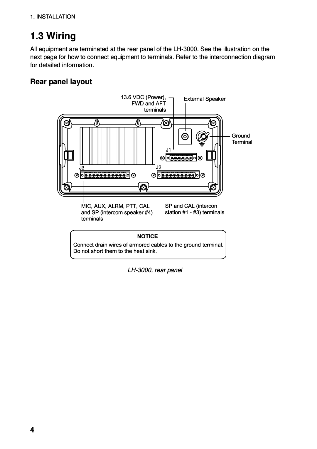 Furuno LH-3000 manual Wiring, Rear panel layout 