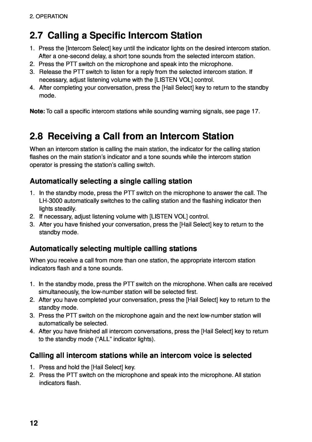 Furuno LH-3000 manual Calling a Specific Intercom Station, Receiving a Call from an Intercom Station 