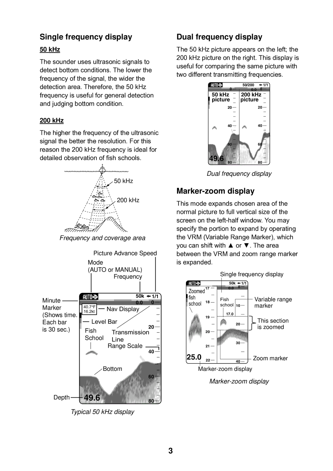 Furuno LS-6100 manual Single frequency display, Dual frequency display, Marker-zoom display 