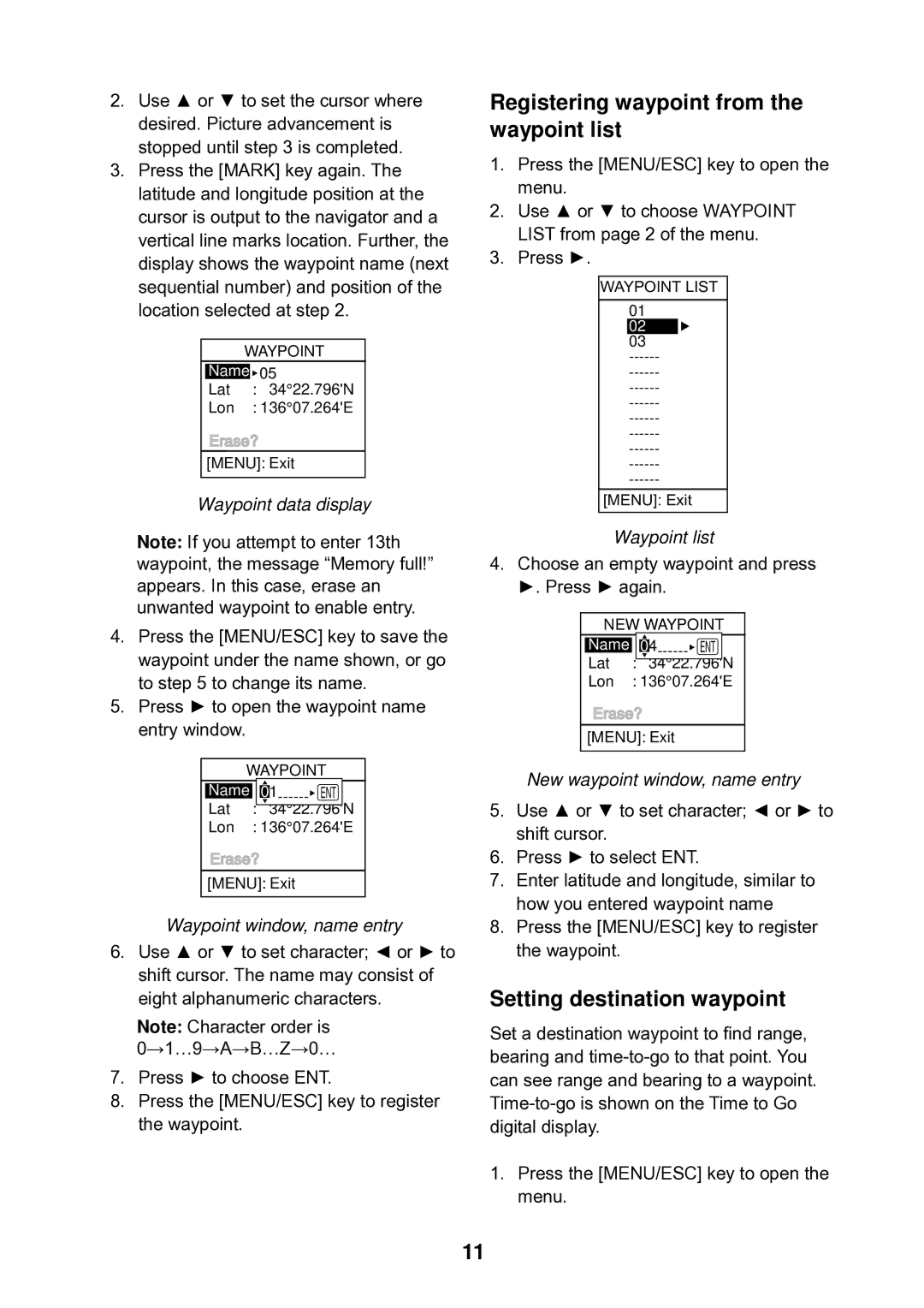 Furuno LS-6100 manual Registering waypoint from the waypoint list, Setting destination waypoint 