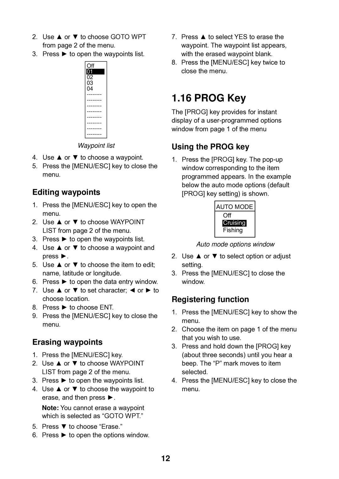 Furuno LS-6100 manual Prog Key, Editing waypoints, Erasing waypoints, Using the Prog key, Registering function 