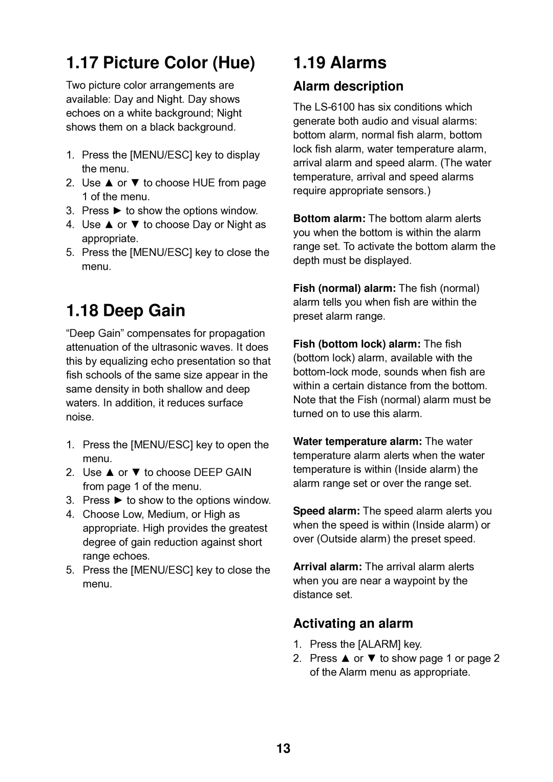 Furuno LS-6100 manual Picture Color Hue, Deep Gain, Alarms, Alarm description, Activating an alarm 