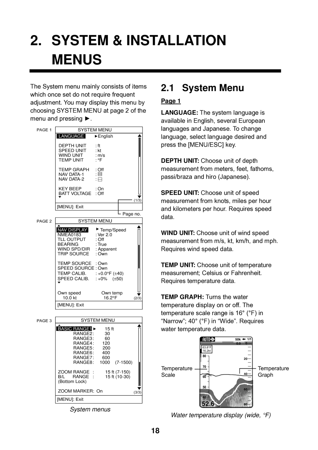 Furuno LS-6100 manual System & Installation Menus, System Menu, System menus, Water temperature display wide, F 