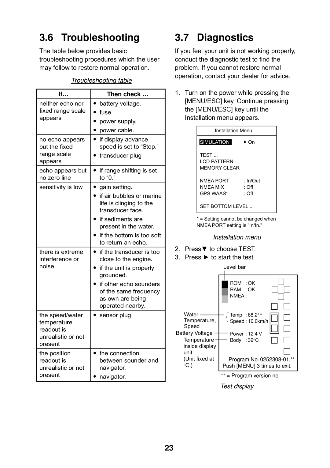 Furuno LS-6100 manual Diagnostics, Troubleshooting table, If… Then check …, Test display 