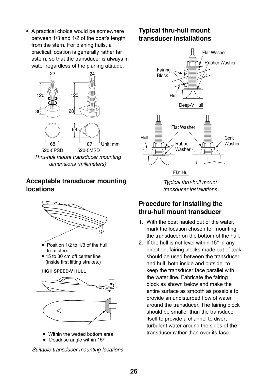 Furuno LS-6100 manual Acceptable transducer mounting locations, Thru-hull mount transducer mounting Dimensions millimeters 