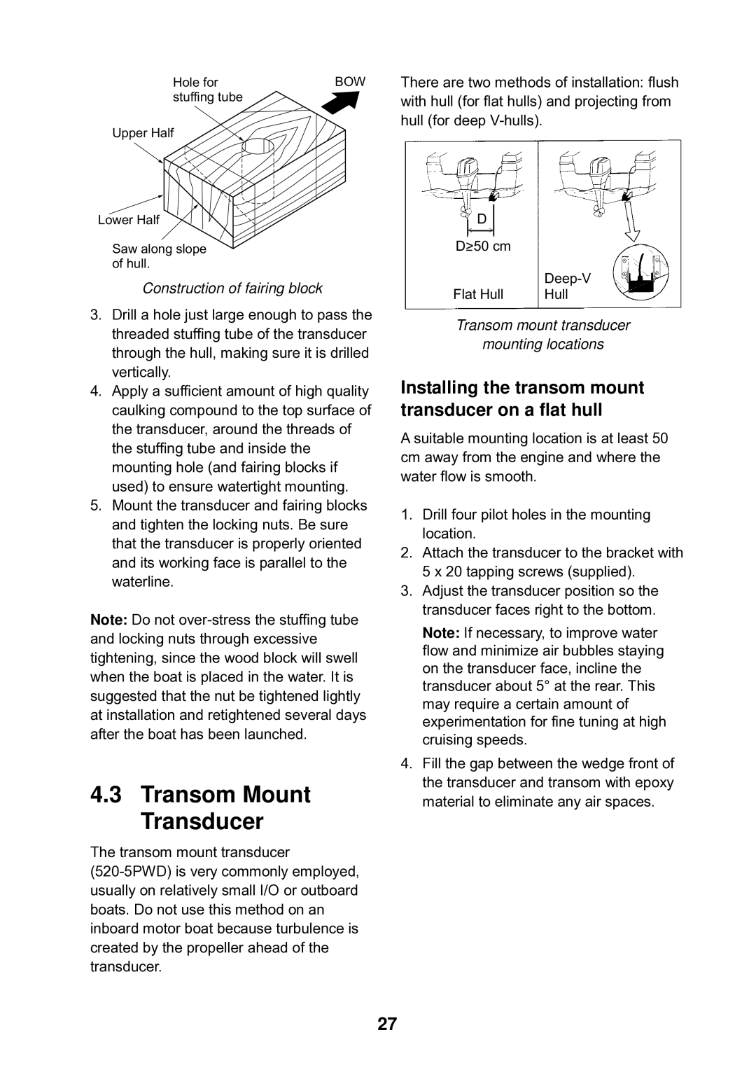 Furuno LS-6100 manual Transom Mount Transducer, Construction of fairing block, Transom mount transducer Mounting locations 