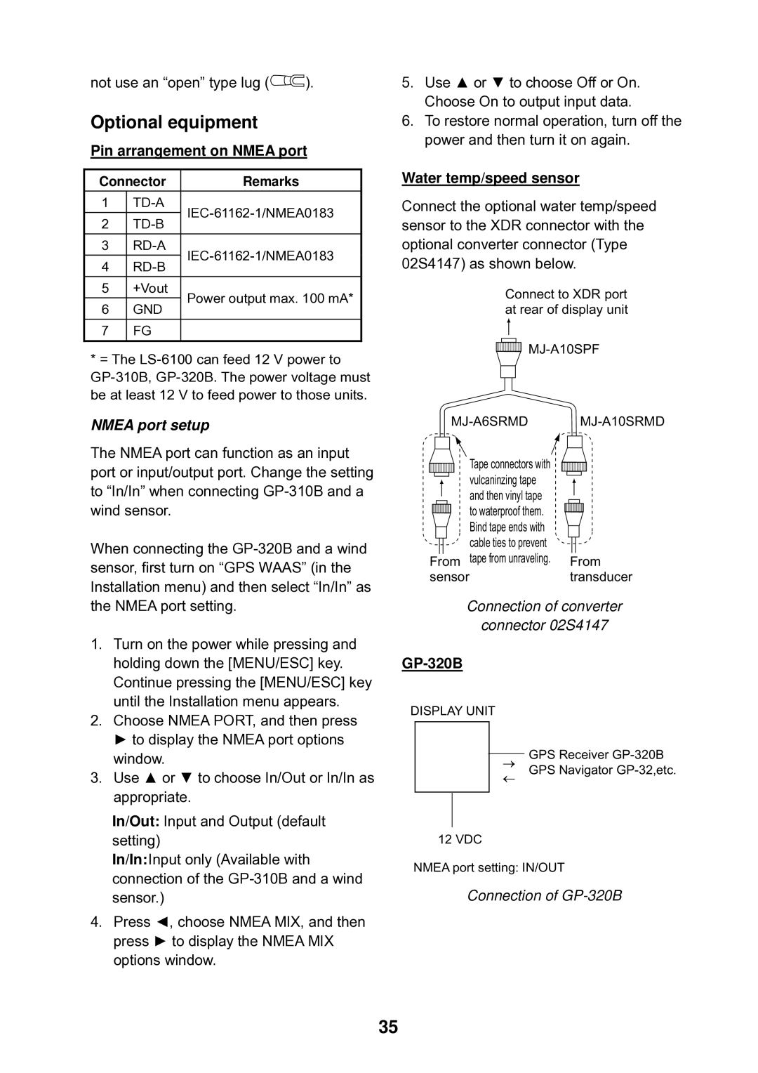 Furuno LS-6100 manual Optional equipment, Pin arrangement on Nmea port, Water temp/speed sensor, Connection of converter 