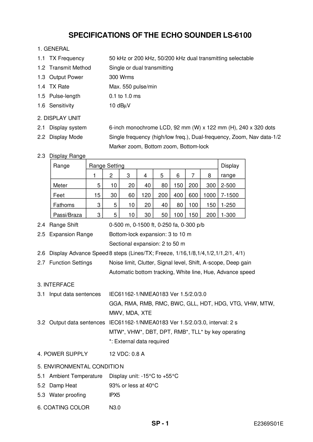 Furuno manual Specifications of the Echo Sounder LS-6100 