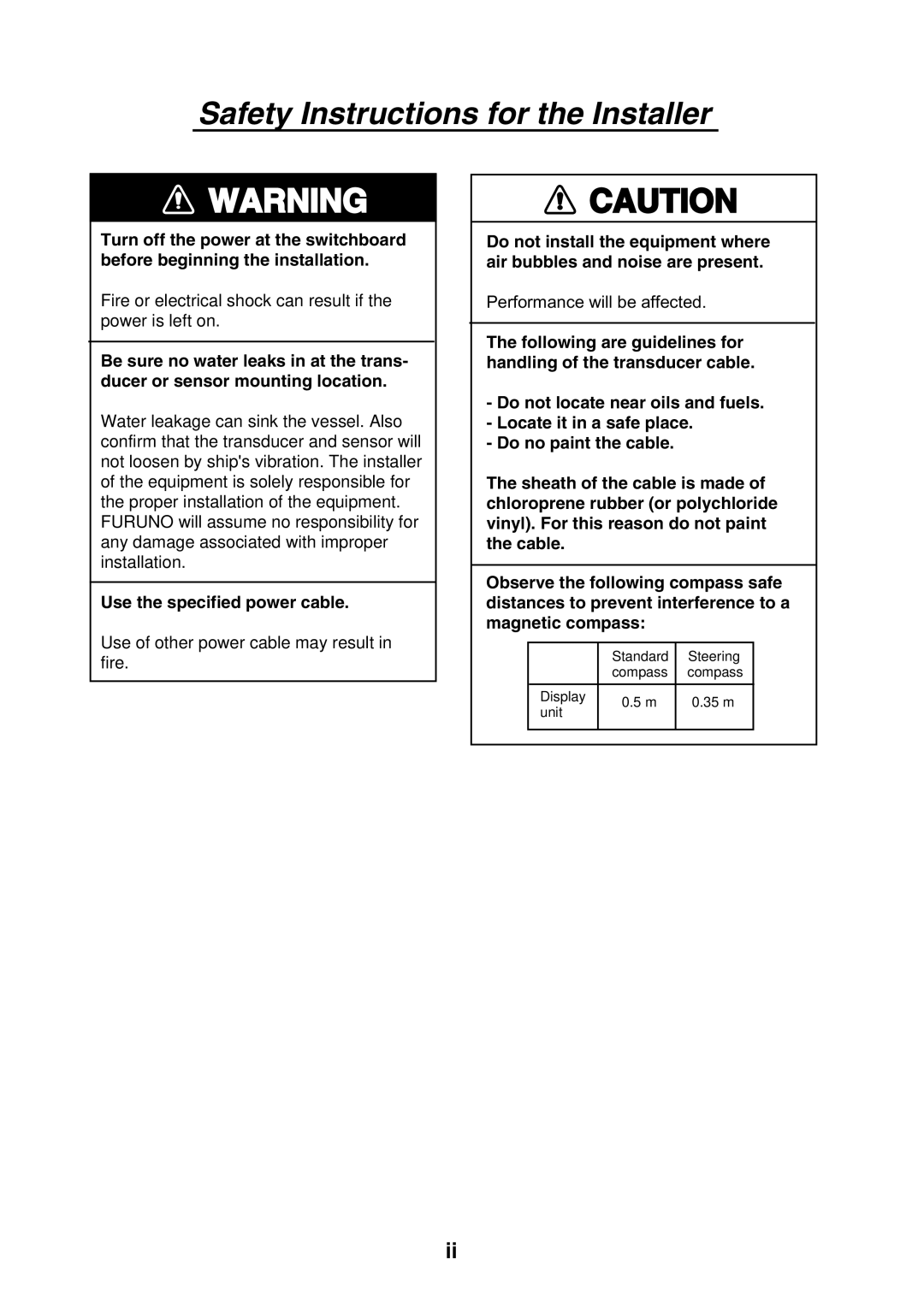 Furuno LS-6100 manual Safety Instructions for the Installer, Use the specified power cable 