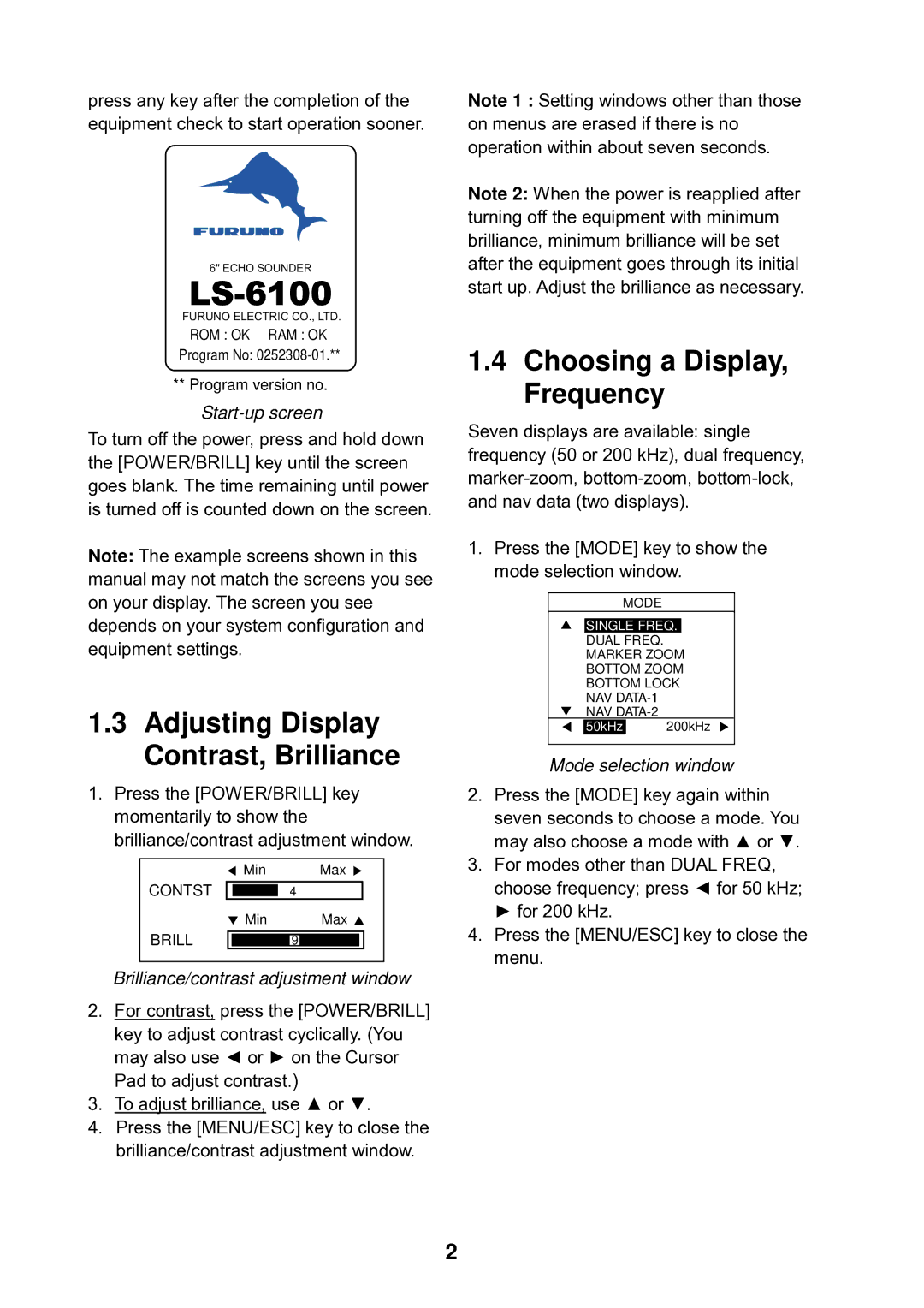 Furuno LS-6100 manual Adjusting Display Contrast, Brilliance, Choosing a Display, Frequency, Start-up screen 