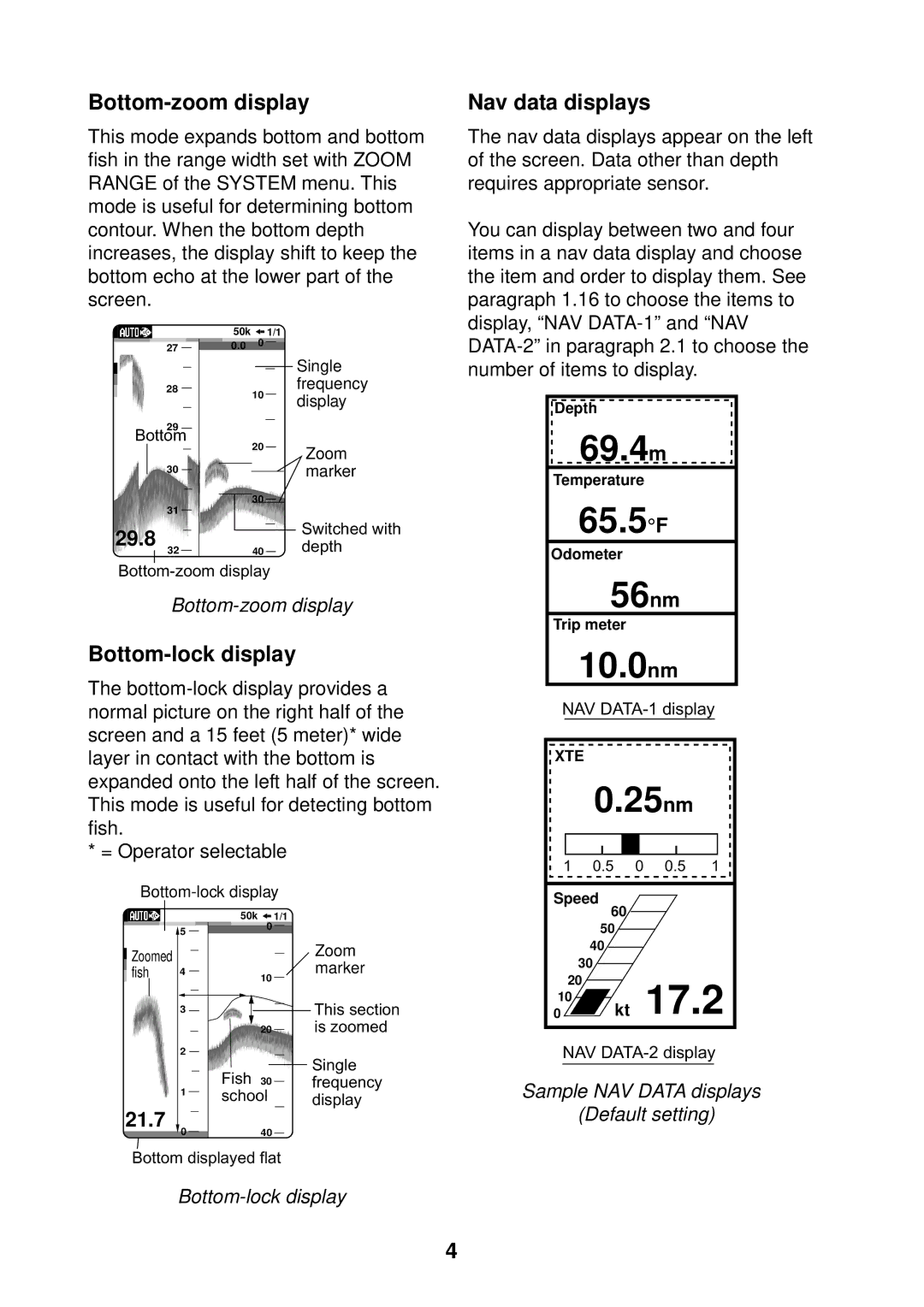 Furuno Ls4100 manual Bottom-zoom display, Bottom-lock display, Nav data displays 