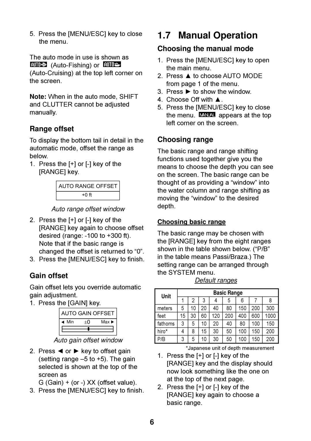 Furuno Ls4100 Manual Operation, Range offset, Gain offset, Choosing the manual mode, Choosing range 