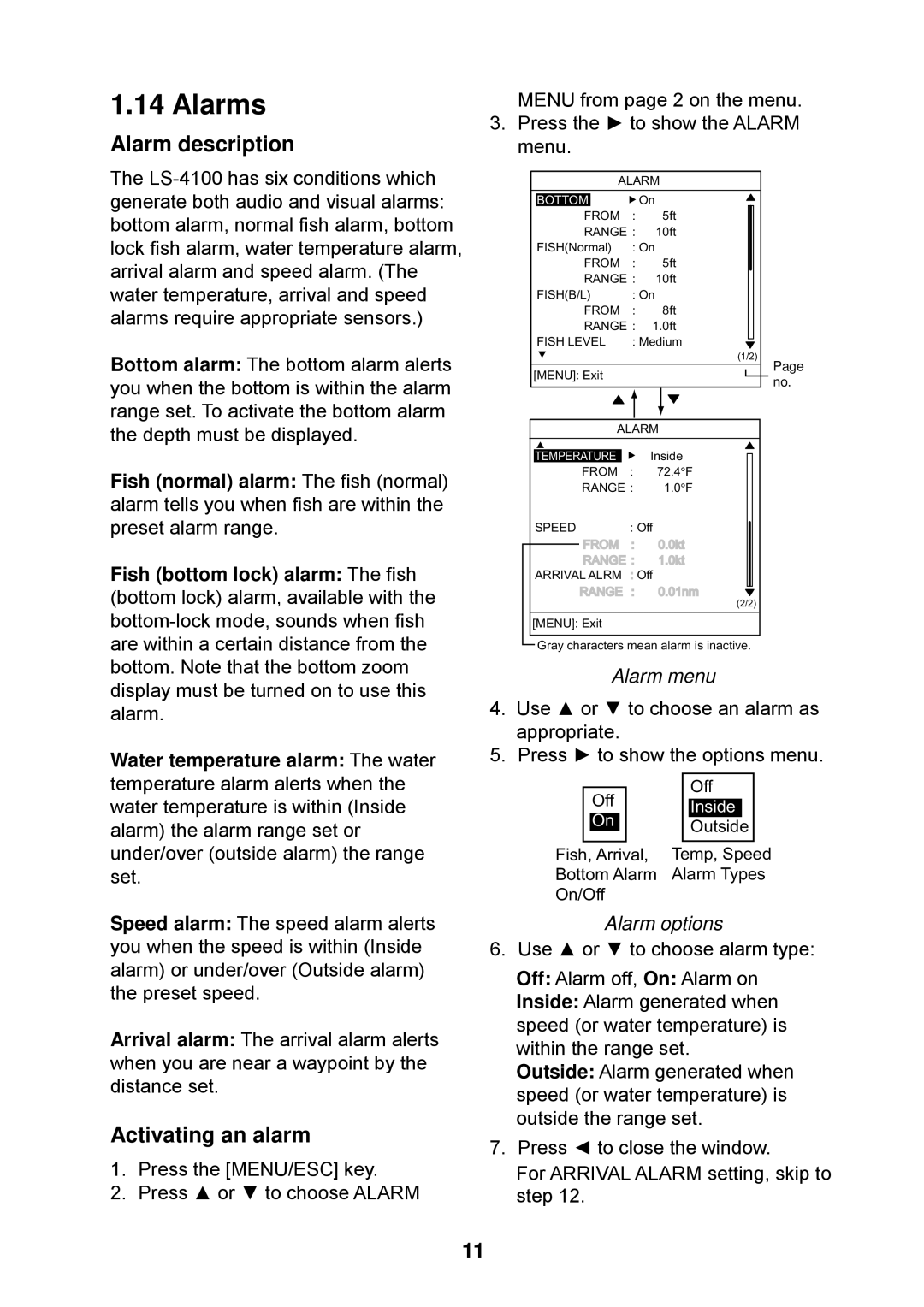 Furuno Ls4100 manual Alarms, Alarm description, Activating an alarm, Alarm menu, Alarm options 