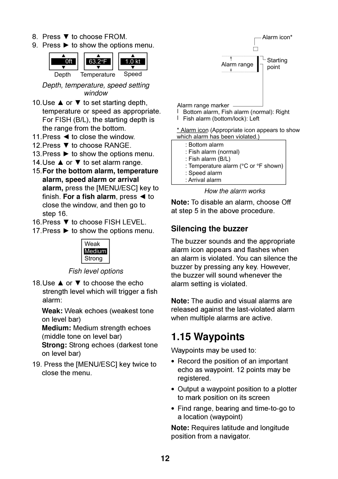 Furuno Ls4100 manual Waypoints, Silencing the buzzer, Depth, temperature, speed setting Window, Fish level options 