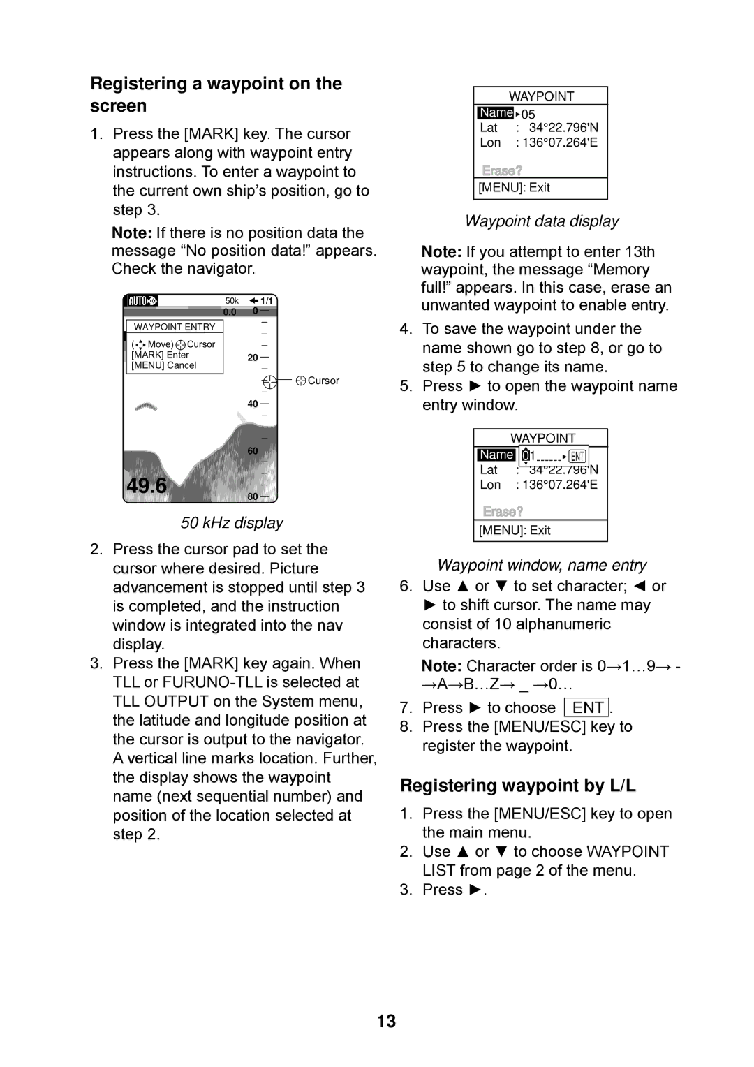 Furuno Ls4100 manual Registering a waypoint on the screen, Registering waypoint by L/L, KHz display, Waypoint data display 