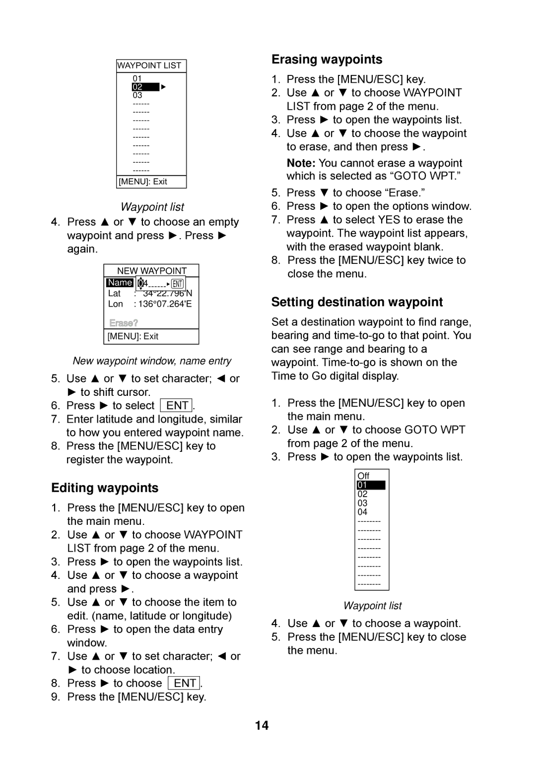 Furuno Ls4100 manual Editing waypoints, Erasing waypoints, Setting destination waypoint, Waypoint list 