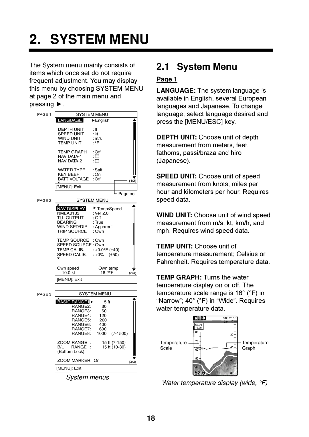 Furuno Ls4100 manual System Menu, System menus, Water temperature display wide, F 