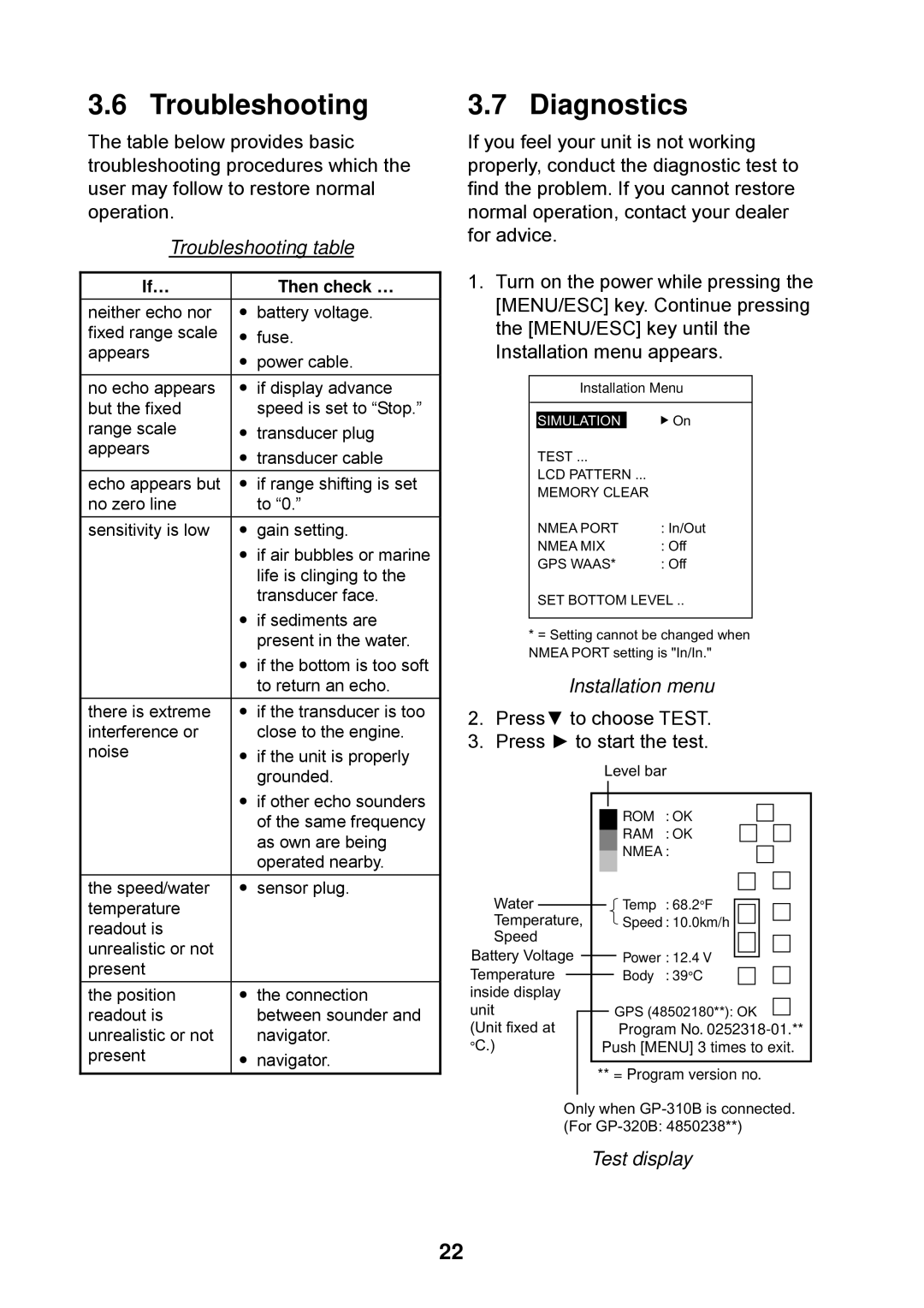 Furuno Ls4100 manual Diagnostics, Troubleshooting table, Installation menu, Test display 