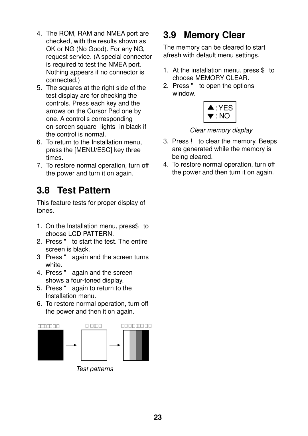 Furuno Ls4100 manual Memory Clear, Test Pattern, Clear memory display, Test patterns 