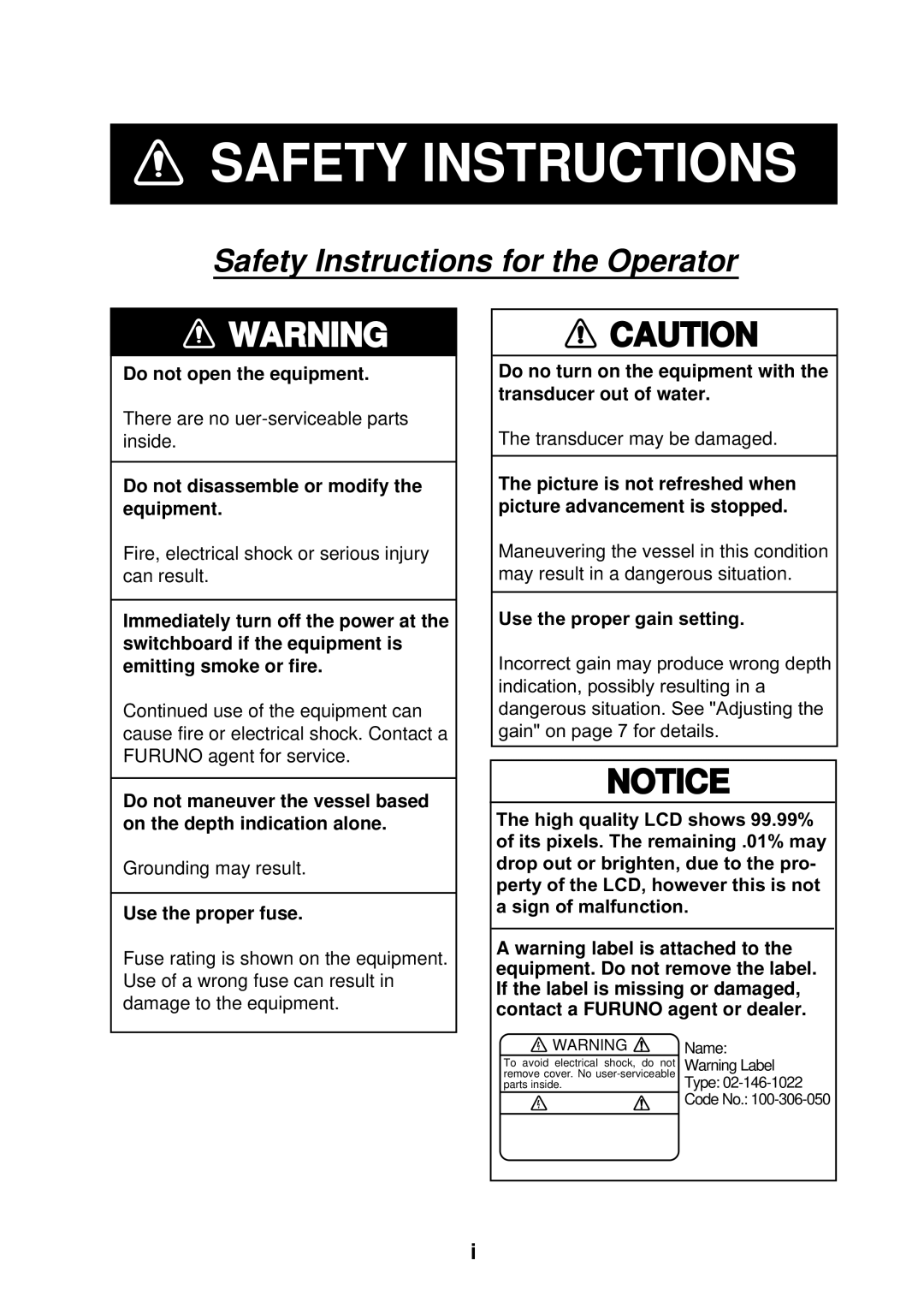 Furuno Ls4100 manual Safety Instructions 