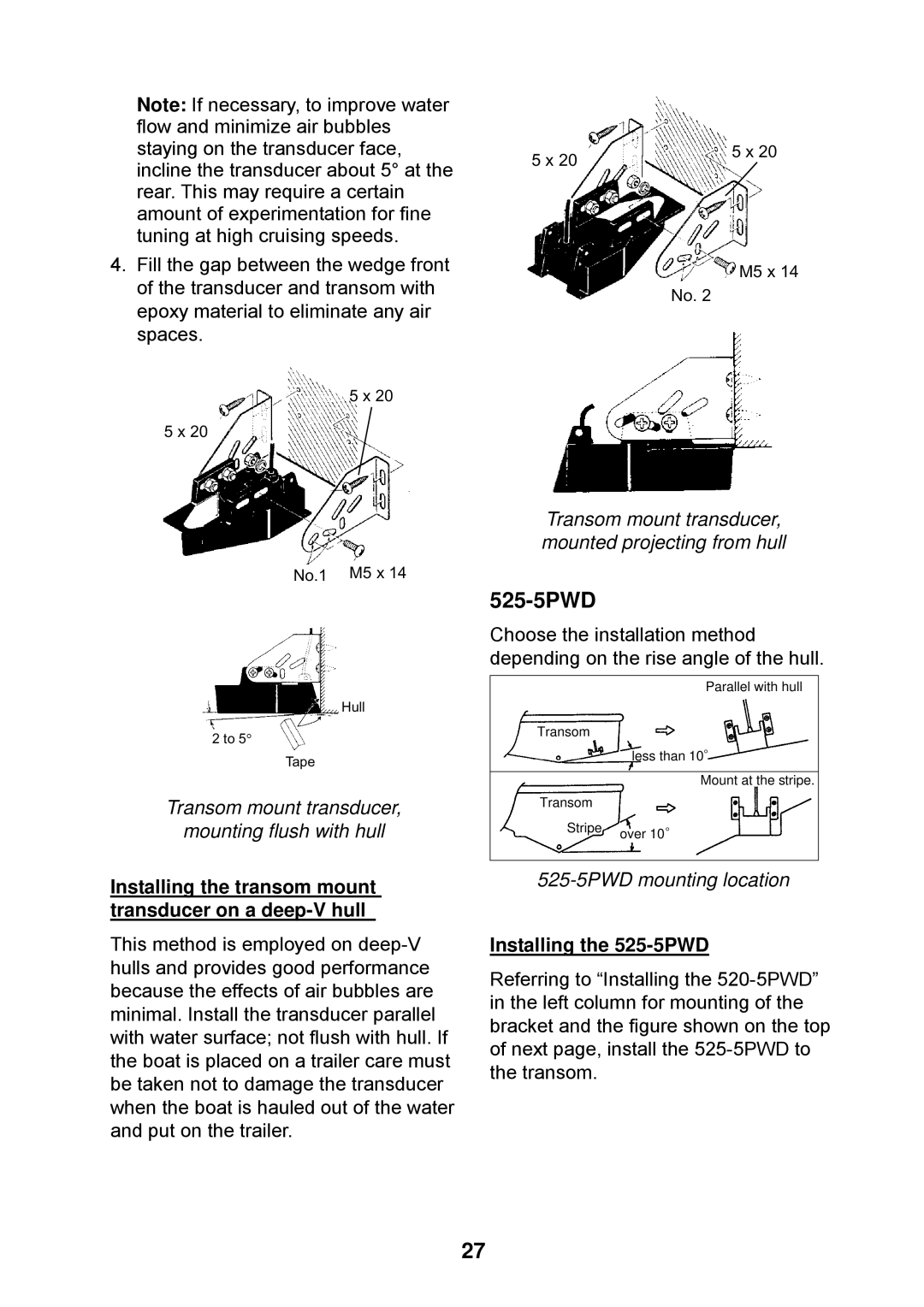 Furuno Ls4100 manual Installing the transom mount transducer on a deep-V hull, Installing the 525-5PWD 